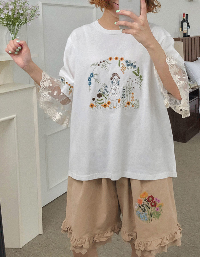 미미 꽃 자수 레이스 티 - 3color